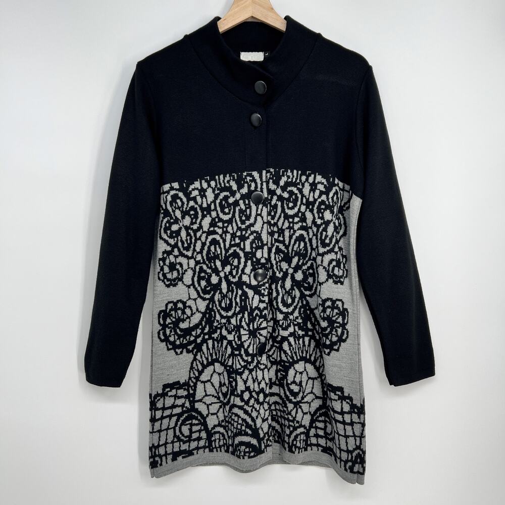 Italian Desideri ORO Wool Blend Cardigan Womens Large Black Gray Leather Buttons